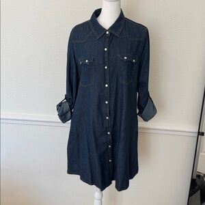 Yahada Dark Blue Denim Shirt Dress Western Pearl Snaps